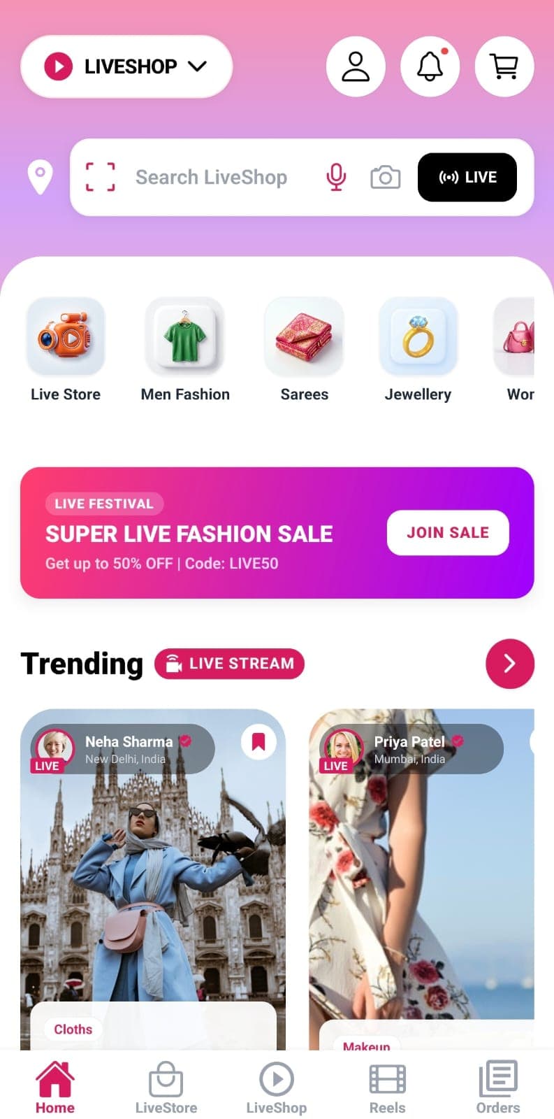 QwikBaba App — LiveShop screen