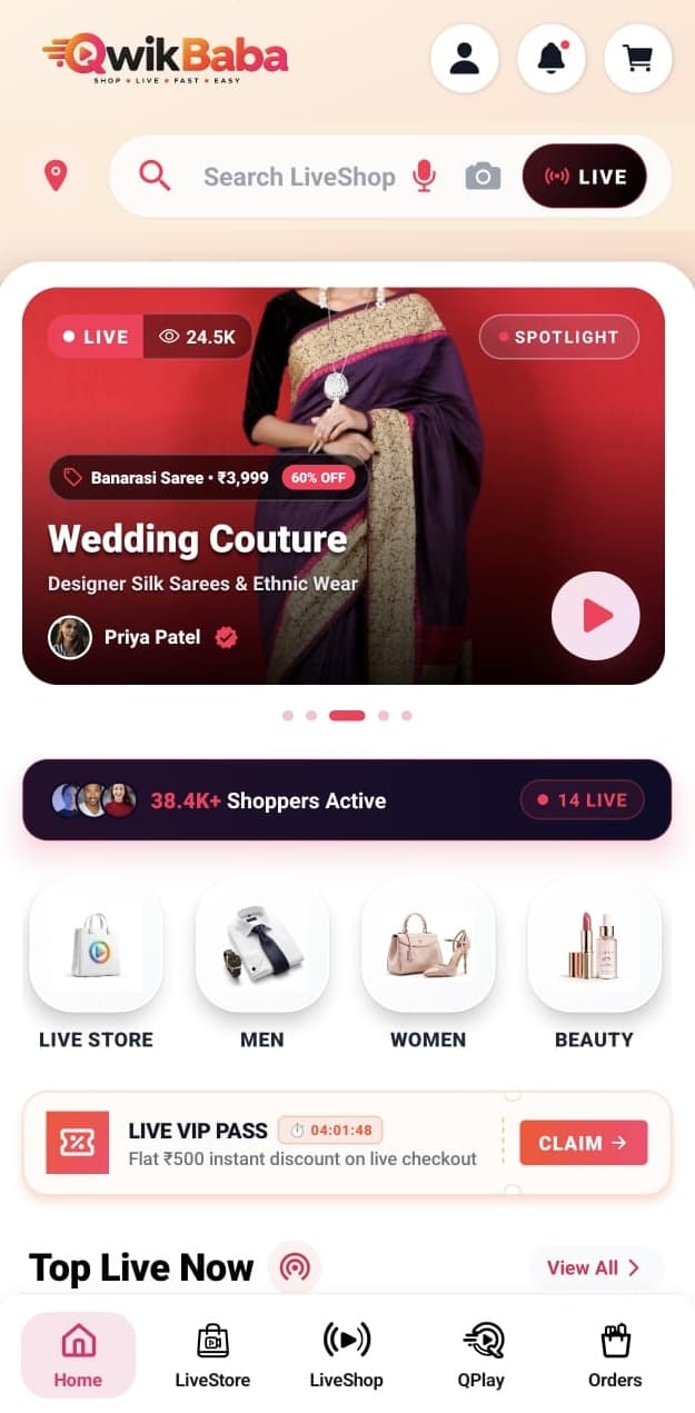 QwikBaba Live Video Shopping Interface